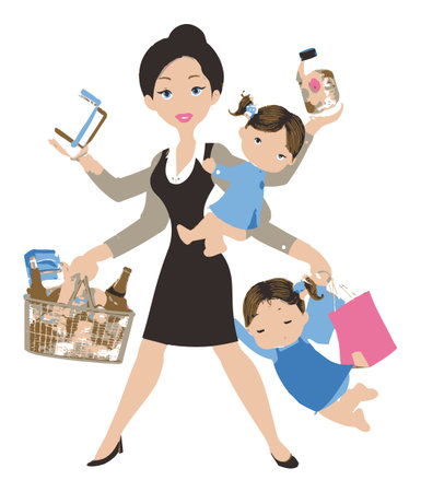 A whimsical cartoon illustration of a busy mother expertly juggling shopping and caring for her two children, showcasing the challenges of modern parenting.のイラスト素材