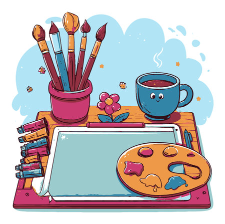 A vibrant cartoon illustration of an art workspace featuring brushes, a colorful palette, and a cheerful coffee cup, perfect for creatives and design enthusiasts.のイラスト素材