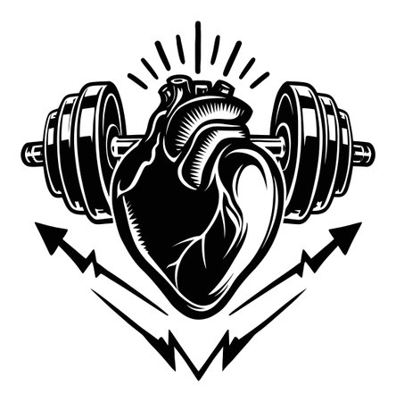 A striking black and white illustration featuring a heart lifting a dumbbell, symbolizing strength and vitality, perfect for fitness and health themes.のイラスト素材
