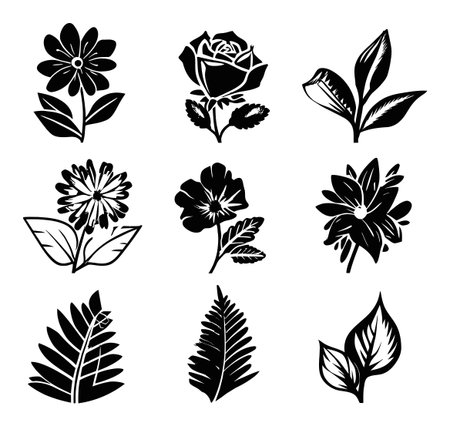 Explore a collection of black and white floral illustrations, featuring various flowers and leaves. Perfect for design elements, decorations, and more.のイラスト素材