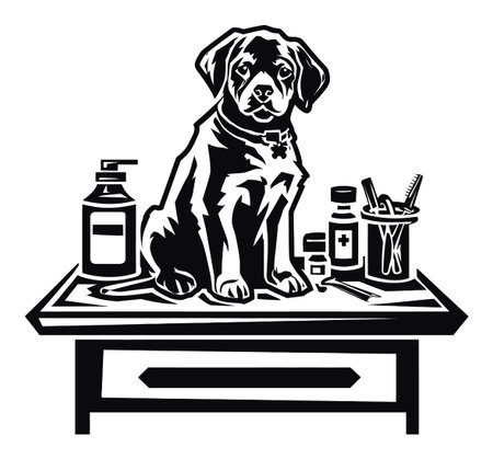 This engraved illustration features a dog sitting proudly on a table surrounded by medical supplies, capturing the essence of veterinary care in a stylish black and white design.のイラスト素材