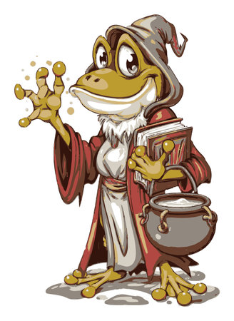 This delightful hand-drawn cartoon features a friendly frog wizard with a spellbook and potion. The vibrant colors and whimsical design bring magic to life in a charming way.のイラスト素材