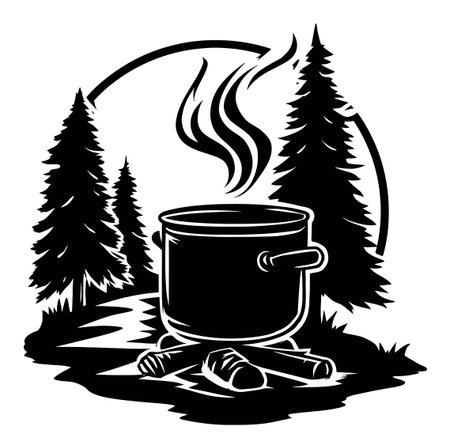 A detailed black and white illustration depicting a cooking pot over a campfire surrounded by tall trees. Perfect for outdoor themes, camping and adventure.のイラスト素材