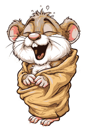 This vibrant cartoon illustration features a joyful hamster wrapped in a cozy blanket. Its cheerful expression and playful demeanor evoke warmth and happiness, perfect for pet lovers.のイラスト素材