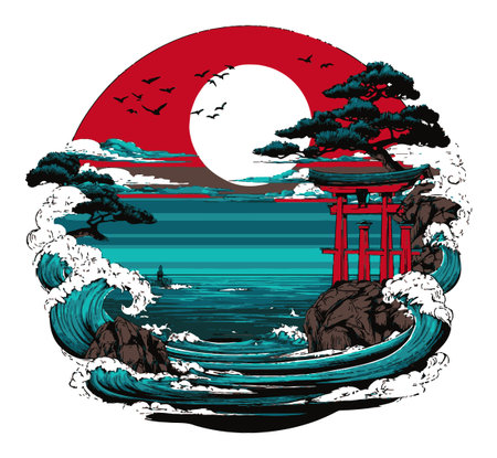 A stunning illustration showcasing a silhouette of a torii gate, waves, and a bold red sun. This artwork captures the essence of Japanese nature and culture beautifully.のイラスト素材