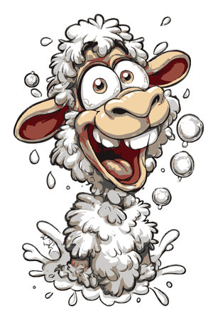 Fun and lively cartoon sheep character with a big smile and bubbles. Perfect for kids' projects, invitations, or playful themes in design.のイラスト素材