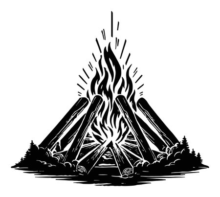 A captivating black and white illustration of a bonfire featuring logs and flames, perfect for evoking themes of warmth, nature, and outdoor adventure.のイラスト素材