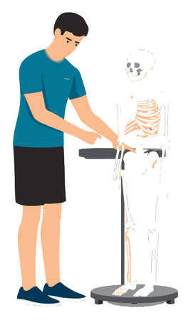 A young man engages with an anatomical skeleton model in a learning environment, showcasing the interaction between students and educational tools in anatomy studies.のイラスト素材