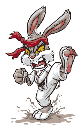 This dynamic cartoon illustration features a fierce rabbit character in a karate pose, exuding energy and fun. Perfect for playful designs and comics.のイラスト素材