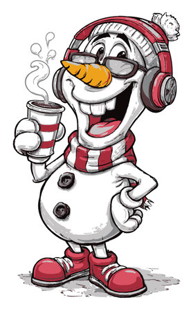 This vibrant cartoon snowman features a playful and cheerful design, complete with sunglasses, a warm drink, and winter accessories, perfect for festive themes.のイラスト素材