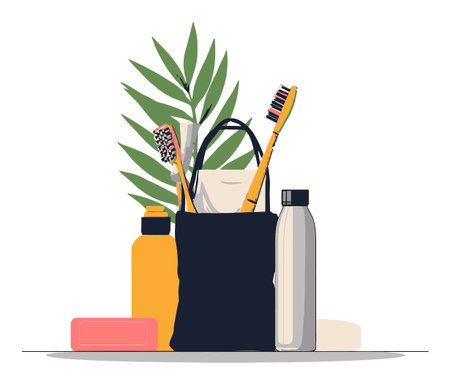 This illustration features a stylish tote bag filled with eco-friendly bathroom essentials, including toothbrushes, bottles, and soap, showcasing sustainability.のイラスト素材