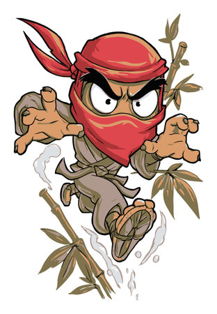 This vibrant hand-drawn cartoon features a dynamic ninja character leaping through a bamboo forest, showcasing agility and playful energy in a fun and expressive style.のイラスト素材