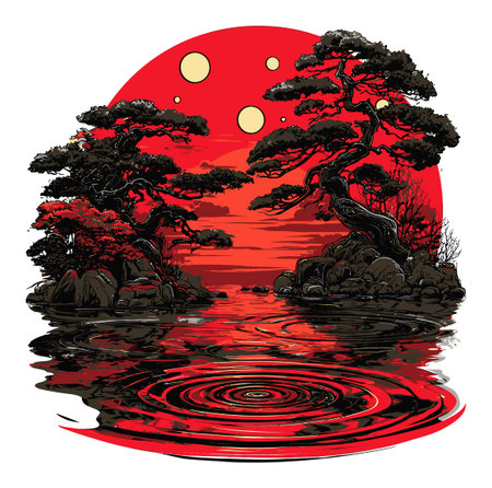 This stunning illustration features a silhouette of trees set against a vibrant red sunset, creating a peaceful reflection on the water's surface. A serene landscape showcases nature's beauty.のイラスト素材