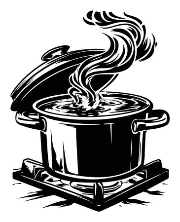 A vintage-style engraving depicting a cooking pot on a stove, with steam rising from the bubbling contents. Perfect for culinary-themed projects.のイラスト素材