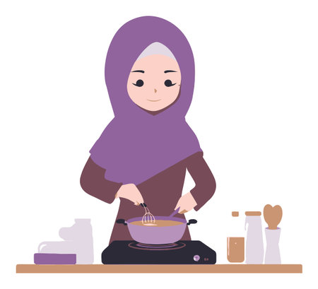 A charming illustration of a young woman cooking in a kitchen, using a whisk in a pot. This vector art captures the joy of home cooking and healthy meals.のイラスト素材