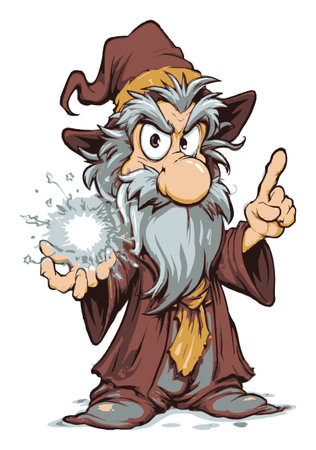 This hand-drawn cartoon illustration features a whimsical wizard casting a magical spell. The expressive character captivates with vibrant colors and a playful pose.のイラスト素材