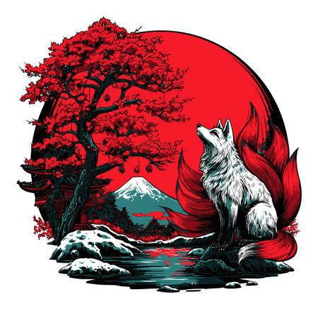 A stunning illustration featuring a majestic fox silhouette set against a vibrant red circle backdrop, with a serene Japanese landscape including trees, a mountain, and a wintry river.のイラスト素材