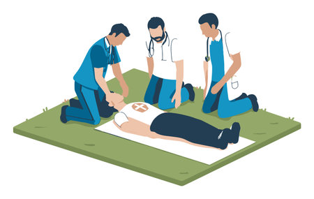This vector illustration depicts medical professionals providing first aid to an unconscious patient. Ideal for healthcare education and awareness.のイラスト素材
