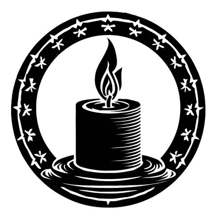Stunning black and white engraving of a candle in a round frame surrounded by decorative stars, symbolizing warmth and tranquility in any space.のイラスト素材