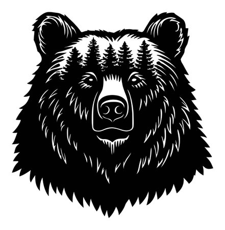 This striking black bear head engraving features a forest illustration integrated within, showcasing a blend of wildlife and nature. Perfect for artwork enthusiasts.のイラスト素材