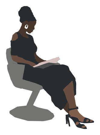 This minimalist vector illustration features a stylish woman reading a book while seated. The elegant design captures a moment of leisure and tranquility, perfect for various artistic uses.のイラスト素材