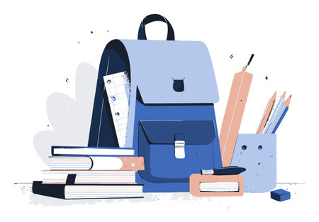 This vector illustration features a school backpack surrounded by various stationery items. The design includes books, pencils, and an organizer, perfect for educational themes.のイラスト素材