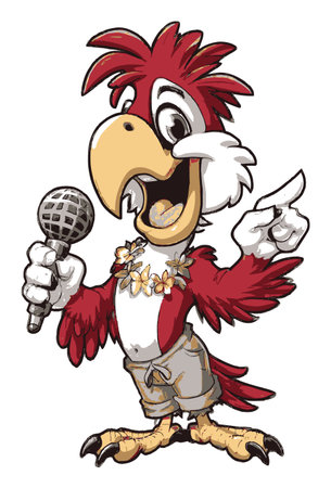 Hand-drawn cartoon bird character with vibrant colors, singing joyfully into a microphone. Perfect for illustrations representing fun, music, and entertainment themes.のイラスト素材