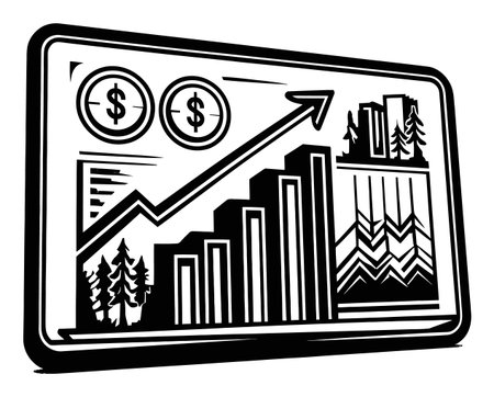 Detailed black and white engraving illustrating financial growth through bar graphs, dollar signs, and trees, blending nature with business themes.のイラスト素材