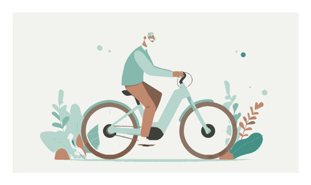 This charming cartoon illustration depicts a vintage man riding a bicycle through a serene nature backdrop. Perfect for health, adventure, and outdoor themes.のイラスト素材