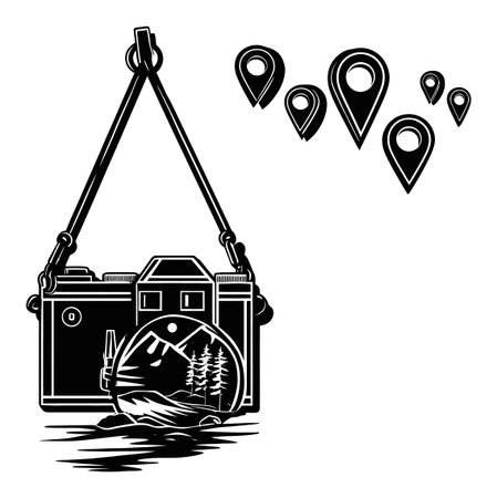 This illustration features a vintage camera with a nature engraving and location markers. Perfect for travel and photography-themed projects, it embodies adventure and creativity.のイラスト素材