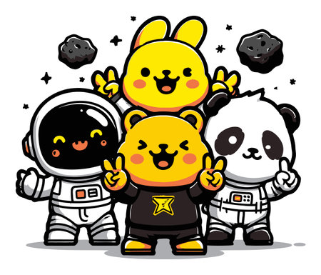 Adorable cartoon animals including a bear, bunny, and panda celebrate in space. They exhibit cheerful expressions and joyful poses, perfect for children's themes.のイラスト素材