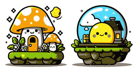 This delightful illustration features a cartoon-style mushroom house beside a cheerful character in a sunny landscape. Perfect for children's themes.のイラスト素材