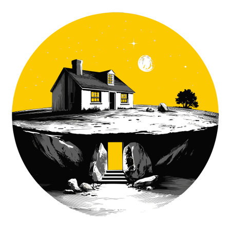 Explore a captivating illustration featuring a house under a moonlit sky, with an intriguing entrance beneath rocky terrain. Perfect for creative projects.のイラスト素材