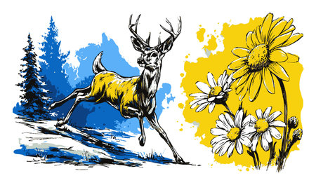 This vibrant hand-drawn illustration features a deer in motion alongside bright flowers, capturing the beauty of nature in an abstract style.のイラスト素材