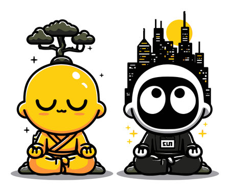 Discover a captivating illustration of two cute cartoon characters meditating, one harmonizing with nature and the other with an urban cityscape.のイラスト素材
