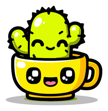 Adorable cartoon cactus with a big smile, nestled in a cheerful yellow cup design. Perfect for kids decor or playful projects that need a splash of joy!のイラスト素材