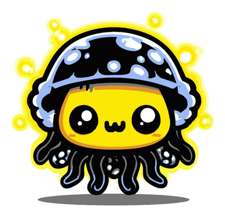 This charming cartoon jellyfish character features vibrant yellow and black colors. Its adorable expression and playful design make it perfect for childrens content and creative projects.のイラスト素材