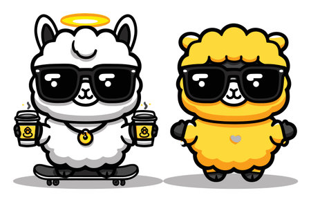 Adorable cartoon animals featuring a sheep and a llama in sunglasses, holding coffee cups. Perfect for fun-themed designs, youth lifestyle, and playful art projects.のイラスト素材