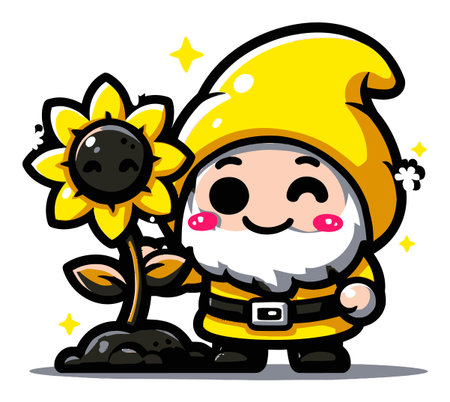 Adorable cartoon gnome stands beside a cheerful sunflower in this vibrant illustration. Perfect for children's themes, gardening projects, and whimsical decor.のイラスト素材