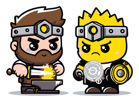 Two playful cartoon characters with distinct features engage in crafting tools and weapons at a vibrant forge, showcasing creativity and teamwork in a fun, adventurous style.のイラスト素材