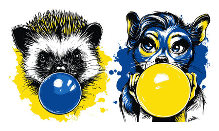 This hand-drawn illustration features a cute hedgehog and a playful dog holding colorful balloons. Perfect for designs aimed at children and youthful themes.のイラスト素材