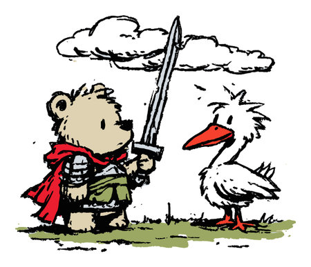 A playful illustration of a brave bear warrior holding a sword, standing on grass next to a curious white bird. The scene captures a whimsical adventure.のイラスト素材