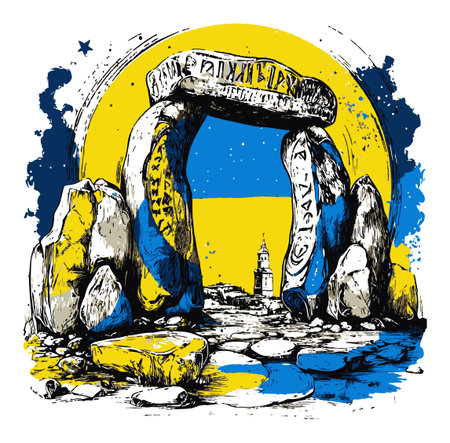 This artistic hand-drawn illustration features an abstract stone archway in blue and yellow, representing heritage and culture, perfect for creative projects.のイラスト素材