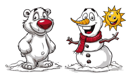 Delight in this charming cartoon depiction of a polar bear and a snowman, embraced by a cheerful sun in a whimsical winter wonderland, perfect for festive themes.のイラスト素材