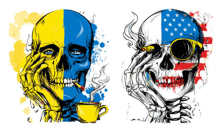 This hand-drawn illustration features skulls representing Ukrainian and American cultures, emphasizing identity and contrast with vibrant colors and expressive details.のイラスト素材