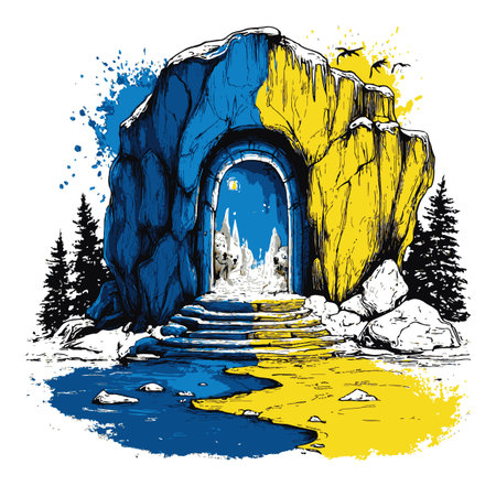 This hand-drawn abstract illustration features a striking stone archway in blue and yellow, surrounded by natural elements like trees and snow. Perfect for creative projects!のイラスト素材
