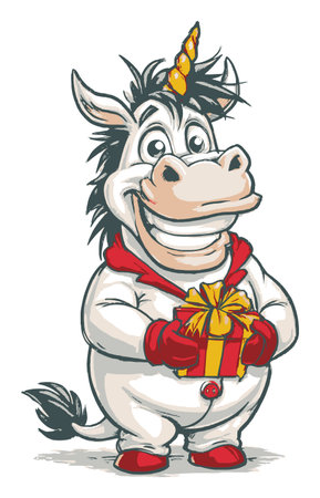 This fun cartoon unicorn character, with a gift in hand, captures joy and celebration. Ideal for festive themes, children's content, or playful designs.のイラスト素材