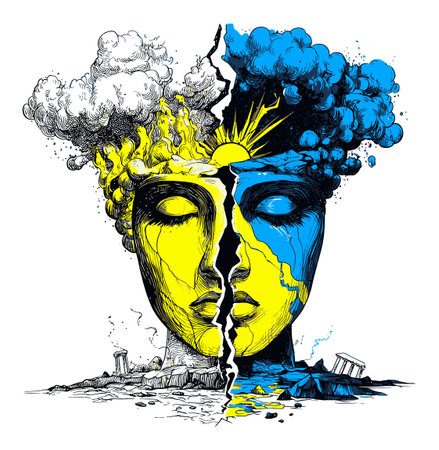 This hand-drawn abstract illustration features a split face, mixing vibrant blue and yellow colors, symbolizing emotions and duality. Suitable for various creative projects.のイラスト素材