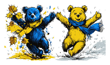 This hand-drawn illustration features two cheerful bears in vibrant colors, celebrating autumn fun with colorful leaves and scarves. Perfect for seasonal themes.のイラスト素材