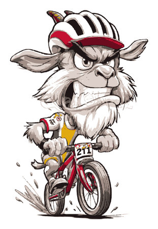 This vibrant and playful cartoon illustration features an angry goat riding a bicycle. Ideal for sports themes, this hand-drawn artwork captures action and humor in a unique style.のイラスト素材